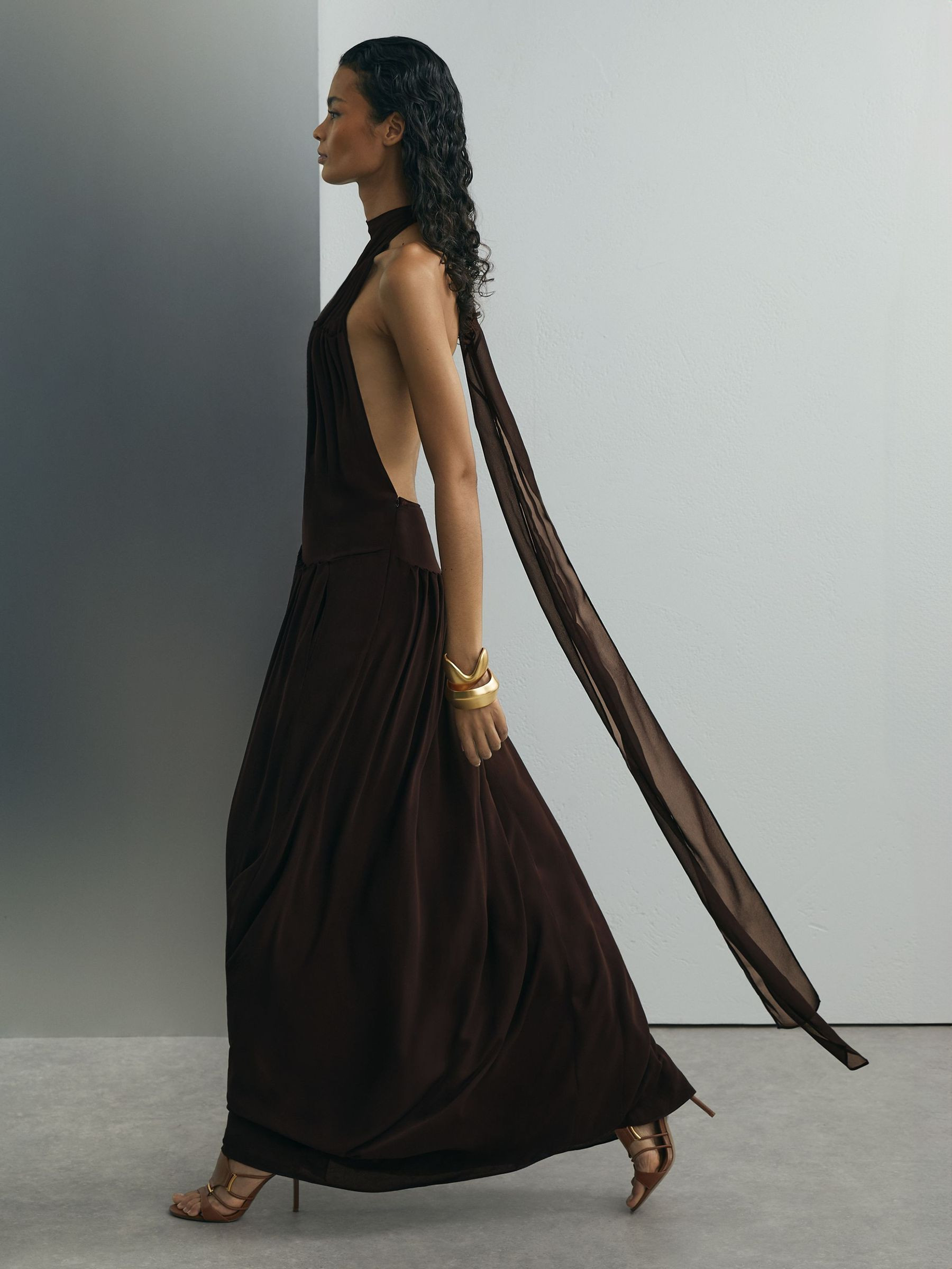 Reiss Atelier Chiffon Draped Halterneck Maxi Dress in Chocolate - REISS | Reiss UK