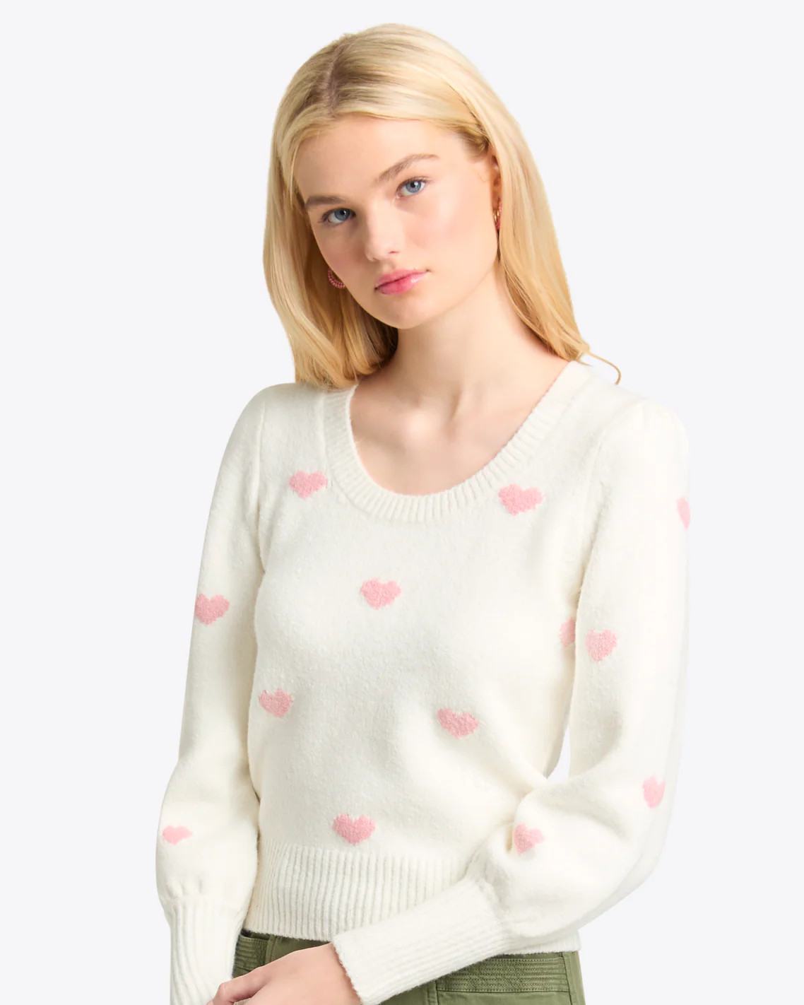 Puff Sleeve Heart Sweater in White | Draper James (US)