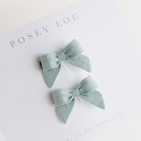 Harbor Green Linen Mini Pigtail Bows  Mini Classic Linen Bow - Etsy | Etsy (US)