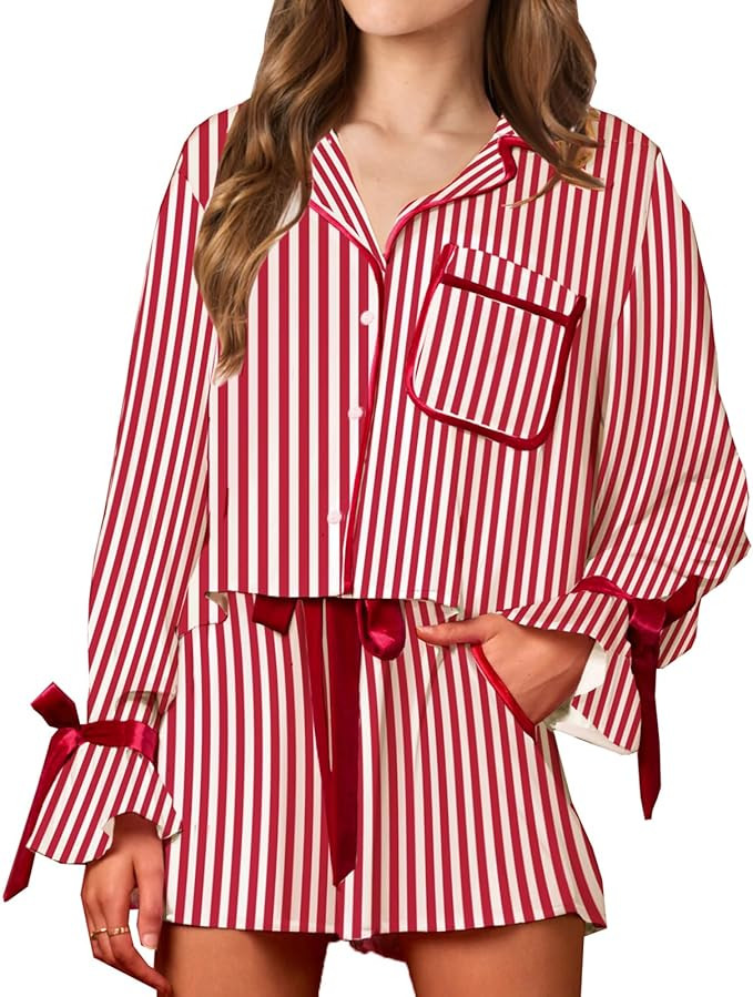 Women Bow Tie Pajamas Heart/Stripe Print Silk Satin Pjs Long Sleeve Shirt Tops with Lounge Shorts... | Amazon (US)