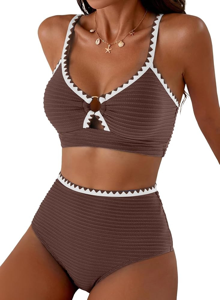 Herseas Womens Textured 2 Piece Bikini Sets O Ring High Waisted Swimsuit | Amazon (US)