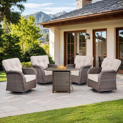 Harbor 5-Piece Outdoor Wicker Patio Furniture Set With 55,000 BTU Fire Pit Table, Swivel Chairs & Thick Cushions | Wayfair North America