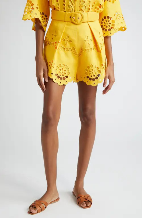 Zimmermann Pop Belted Embroidered Eyelet Linen Shorts in Mango at Nordstrom, Size 0P | Nordstrom