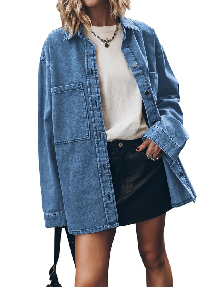 PLNOTME Womens Oversized Jean Jacket Casual Button Up Denim Overshirt Trendy Long Sleeve Denim Ja... | Amazon (US)
