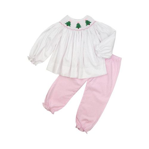 Pink Pique Dot and Gingham Smocked Christmas Tree Pant Set | Cecil and Lou