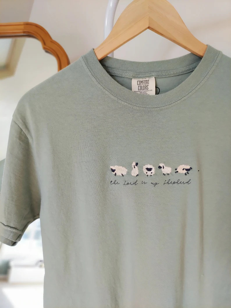 The Lord is My Shepherd Embroidered Tee | Psalm 23:1 Christian Apparel Sheep Blue Green Spring Co... | Etsy (US)