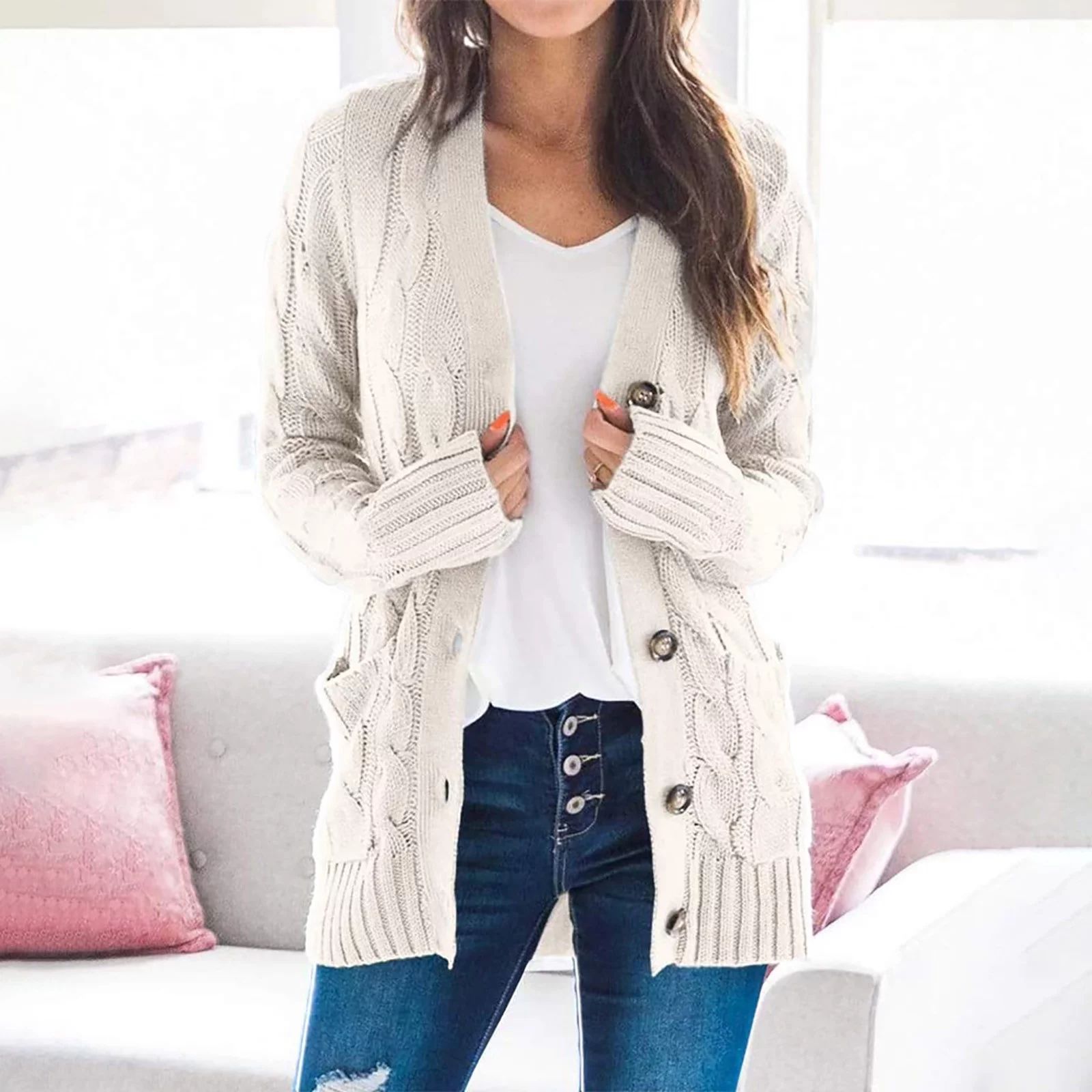 LoyisViDion Coat Women'S Knit Cardigans Loose Slouchy Oversized Wrap Pocket Sweaters Coat White 1... | Walmart (US)