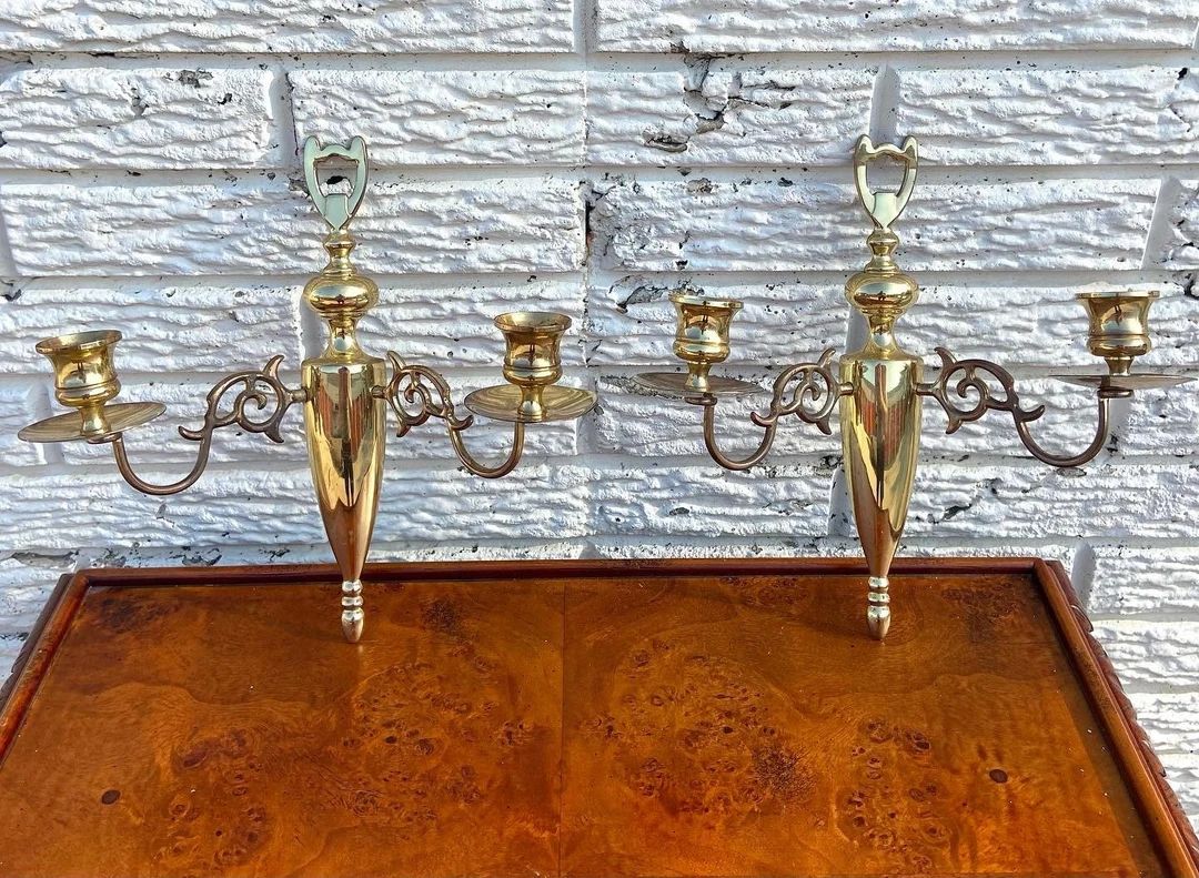 Vintage Polished Brass Candlestick Holder Wall Sconces - Pair | Etsy (US)