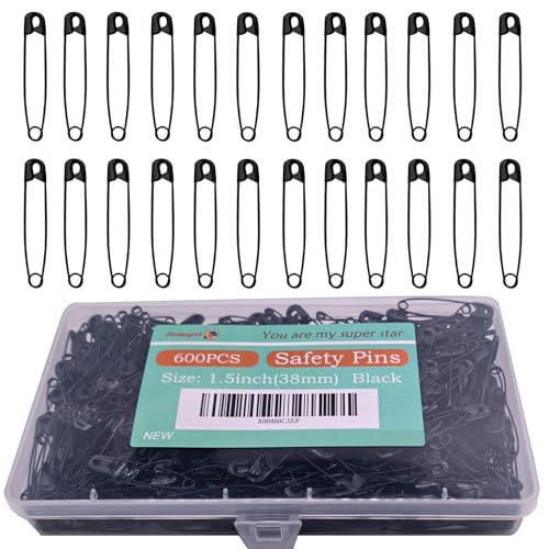 Urmspst 600PCS Safety Pins, 1.5 inch Small Safety Pins, Rust-Resistant Nickel Plated Steel, Sharp Edge Safety Pin for Clothes, Sewing, 38mm Decorative Safety Pins Assorted (Black) | Amazon (US)
