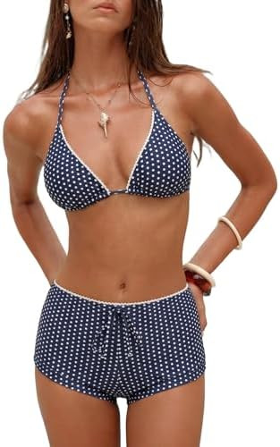 ZAFUL Womens 2 Piece Swimsuits Halter Triangle Top with Boyshorts String Cute Plaid Floral Print ... | Amazon (US)