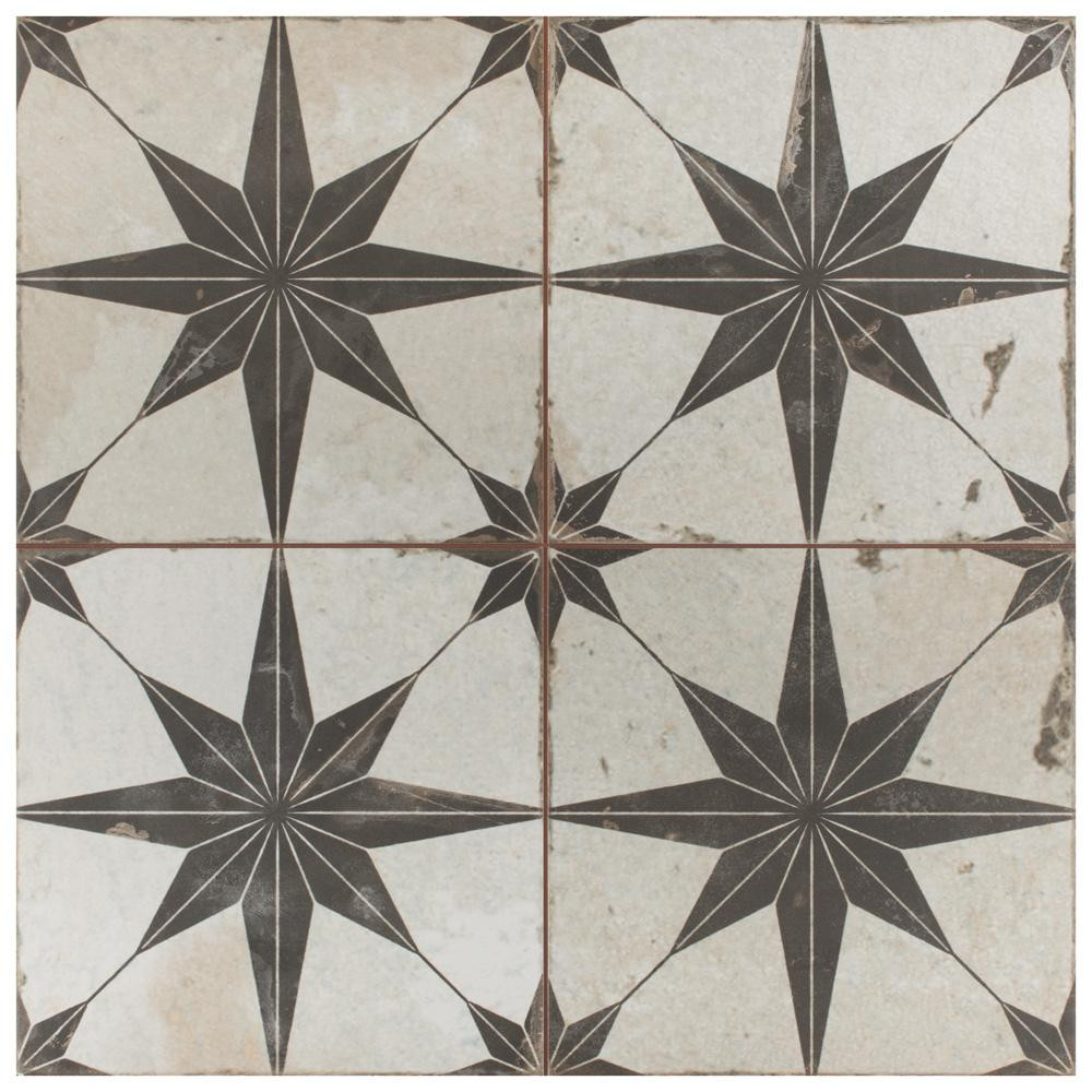 Merola Tile Take Home Tile Sample - Kings Star Nero 9 in x 9 Ceramic, Off White and Black / Low Shee | The Home Depot