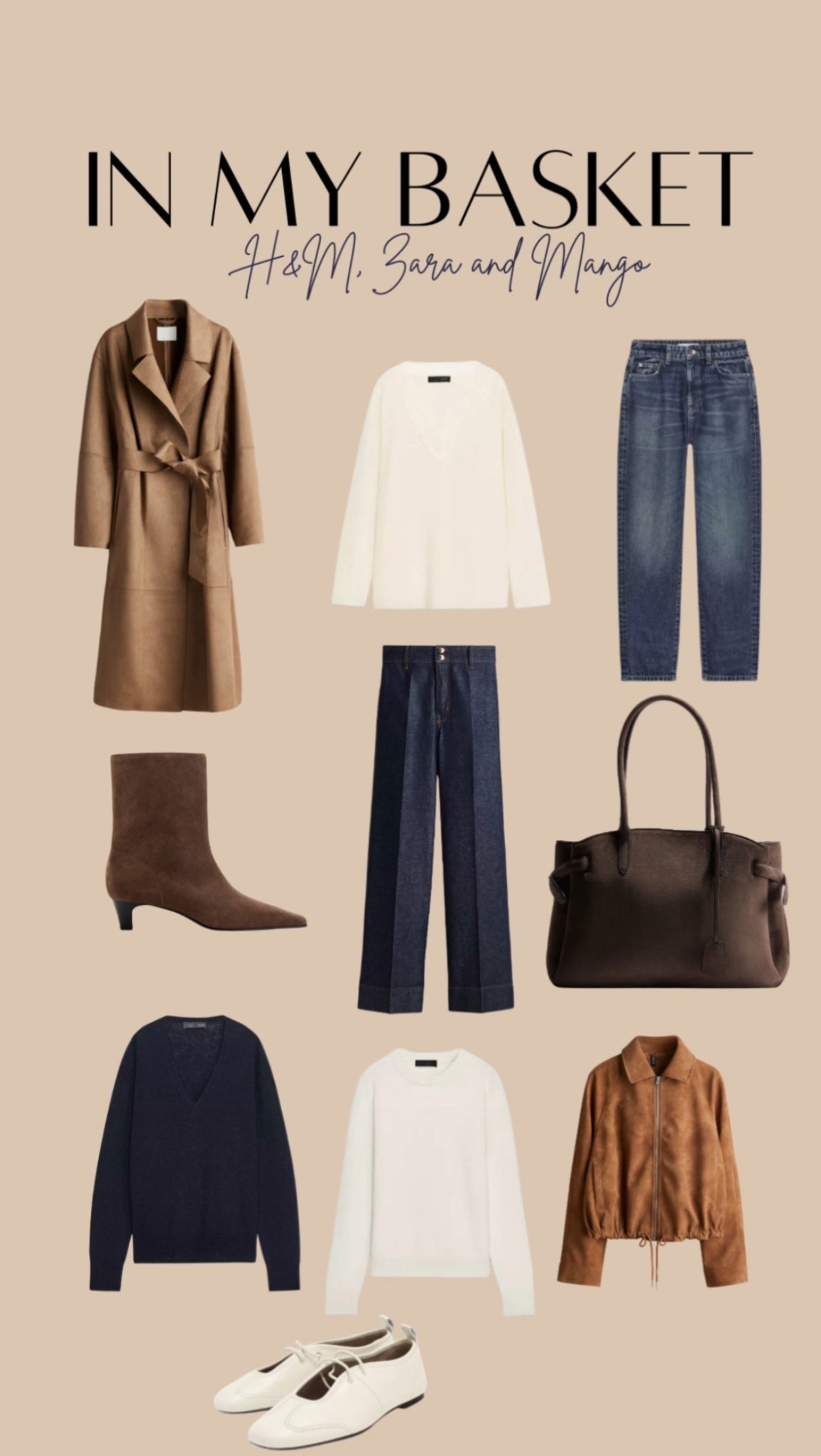 What I’ve got in my basket at H&M, Zara and Mango. 

Faux suede trench coat, cream wool and cashmere knit, dark denim, high waisted jeans, brown suede boots, brown faux suede bag, lace and wool jumper, navy wool jumper  

#LTKStyleTip #LTKShoeCrush #LTKSeasonal
