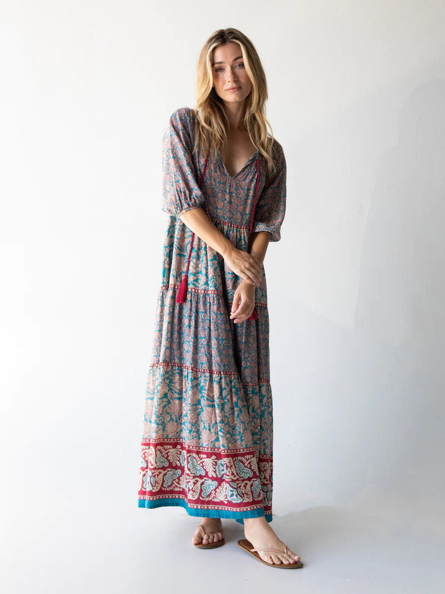 Auguste Boho Maxi Dress - Turquoise Red Floral | Natural Life