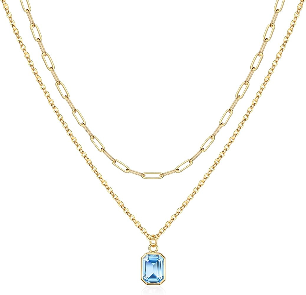 Layered Birthstone Necklace for Women Girls, Gold Silver Rose Gold Plated Paperclip Chain Choker ... | Amazon (US)