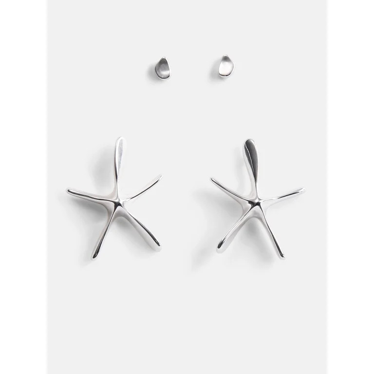 Scoop Women's Starfish Silver Tone Stud Earrings Set - Walmart.com | Walmart (US)