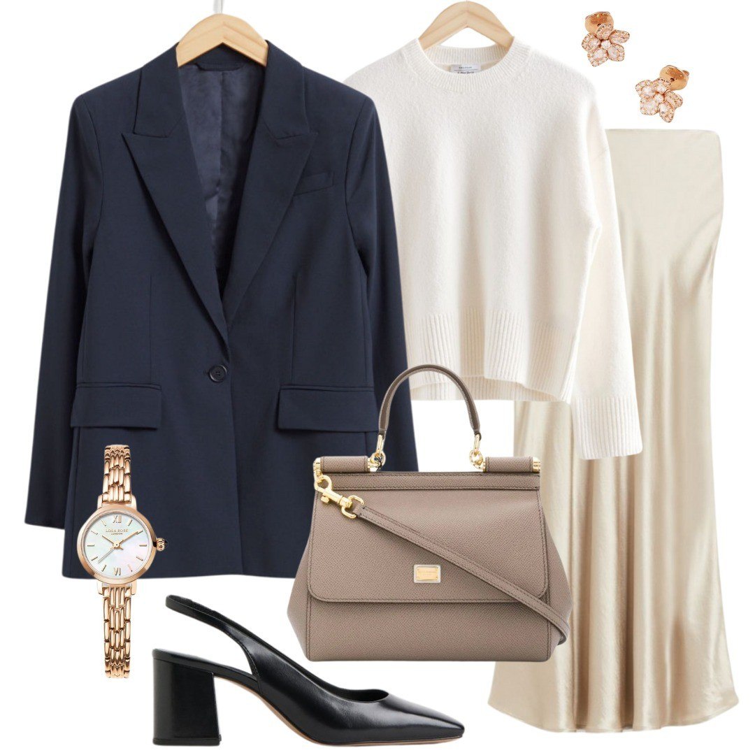 Navy blazer, cashmere sweater, satin skirt, slip skirt, satin midi skirt, elegant shoes, pumps 

#LTKfindsunder100 #LTKfindsunder50 #LTKstyletip