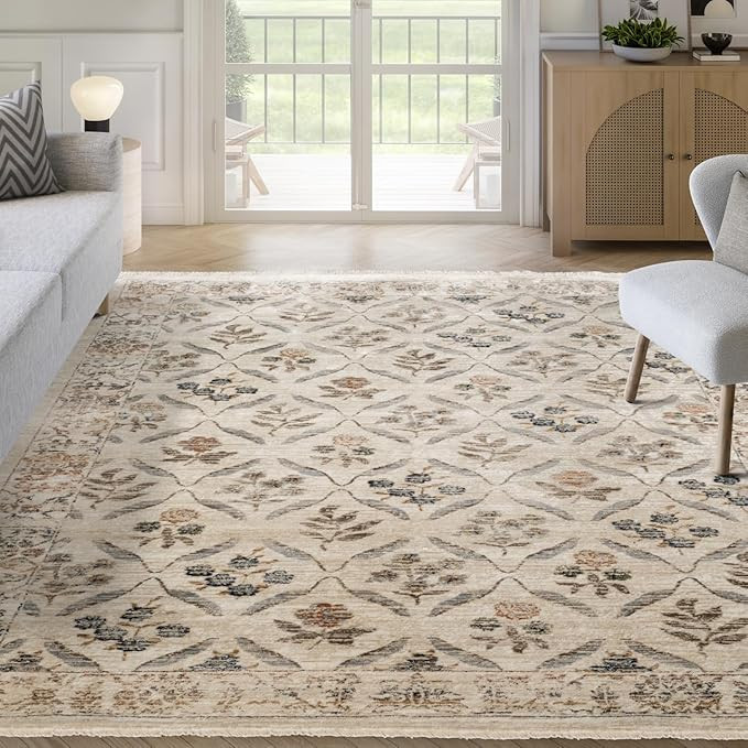 Abani Floral Area Rug - 8'x10' Cream & Ivory Rectangle Rug for Living Room & Bedroom - Alara Flor... | Amazon (US)