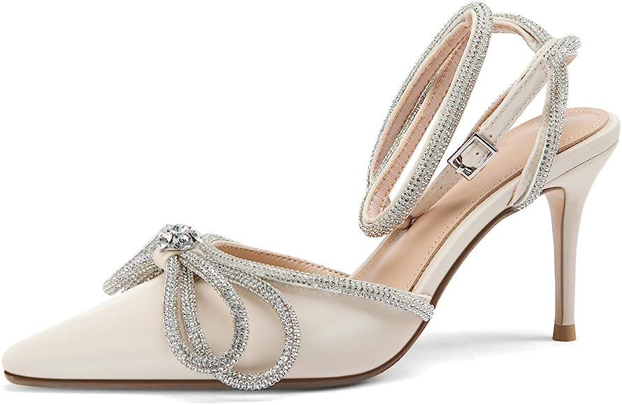 Women's Ankle Strap Sandals Rhinestone Bowknot Stilettos Satin High Heels Pointy Pumps | Amazon (US)