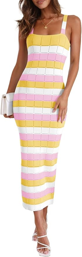 Saodimallsu Womens Striped Bodycon Midi Dress Sleeveless Square Neck Color Block Knit Summer Tank... | Amazon (US)