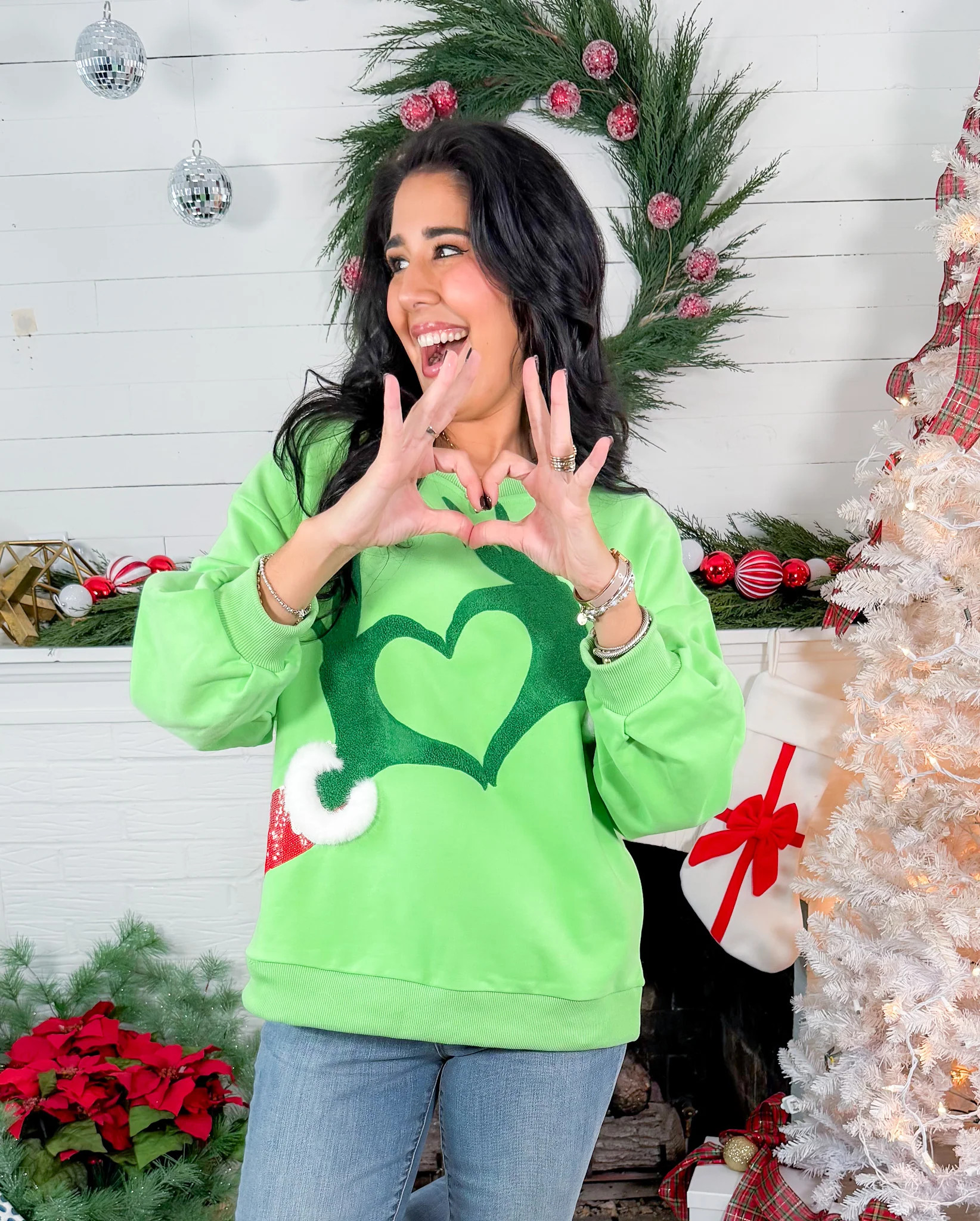 Queen of Sparkles Green Grinch Heart Hands Sweatshirt | Clover and Bee | Clover + Bee