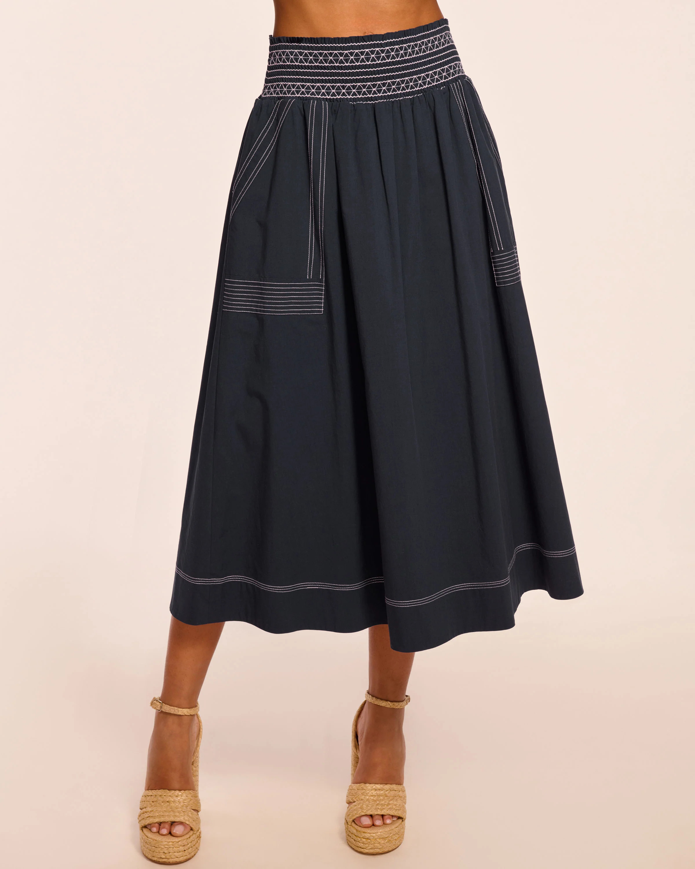 Galia Cotton Poplin Smocked Maxi Skirt in Navy | Ramy Brook