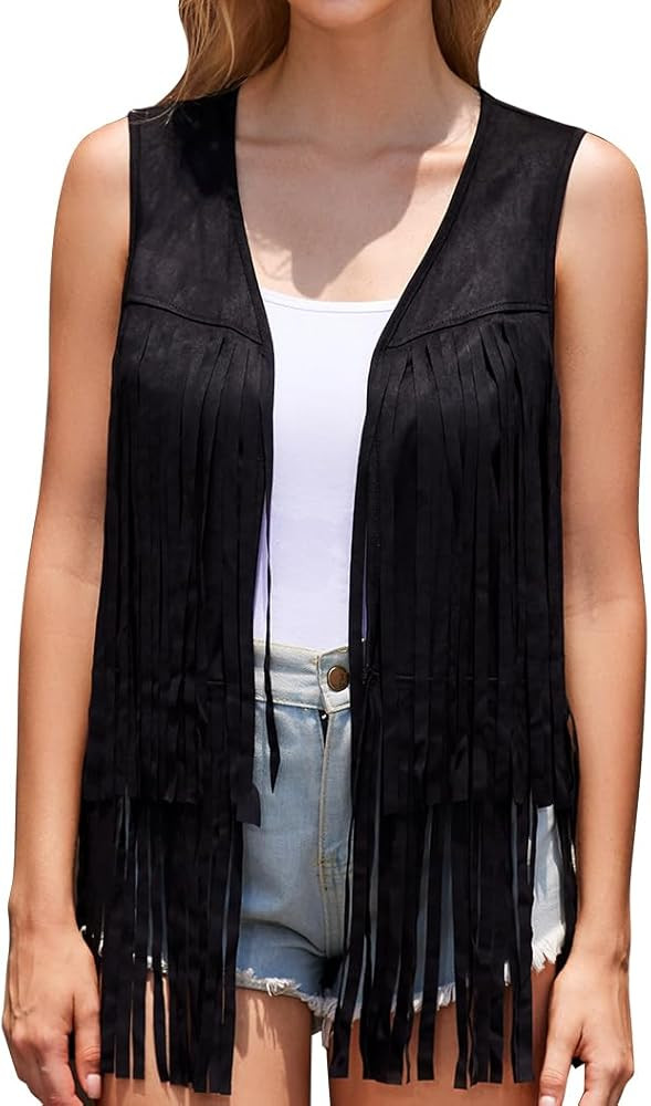 Women Western Black Fringe Vest Brown Cowgirl Sleeveless Faux Suede Tassel Vest 70s | Amazon (US)