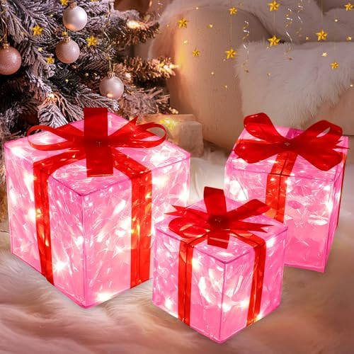 AMENON 3 Pack Christmas Lighted Pink Gift Boxes Decoration with Timer & 60 LED Light, Battery Operated Light Up Transparent Prensent Box Xmas Tree Decor for Home Indoor Outdoor Yard Holiday Valentines | Amazon (US)