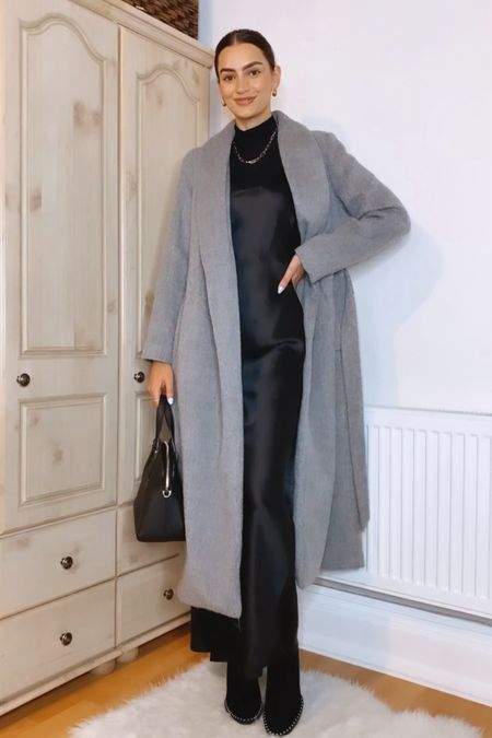 Winter layering outfit 🖤 Grey coat, black maxi dress, roll neck top, black bag, sock boots

#LTKstyletip #LTKSeasonal