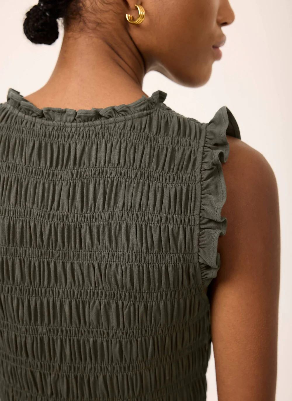 Khaki Shirred Ruffle Midi Dress | Mint Velvet
