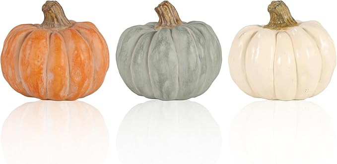 Set of 3 Decorative Pumpkins – Resin Fall Harvest Décor in White, Sage Green & Orange, Rustic ... | Amazon (US)
