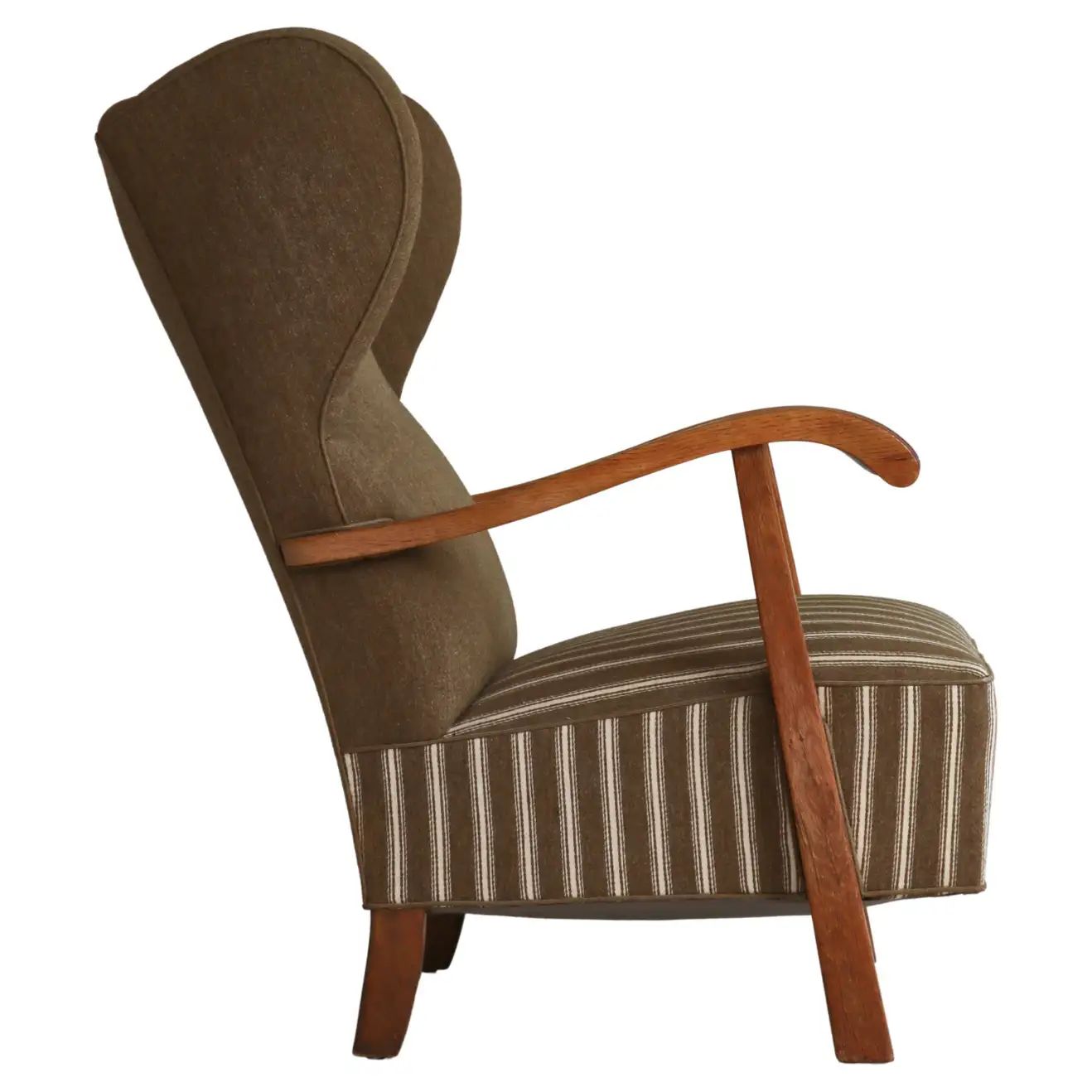 Fritz Hansen Scandinavian Wingback Chair in Oak & Savak Wool, 1940s | 1stDibs