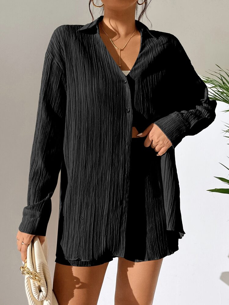 SHEIN Unity Drop Shoulder Button Front Shirt & Shorts | SHEIN