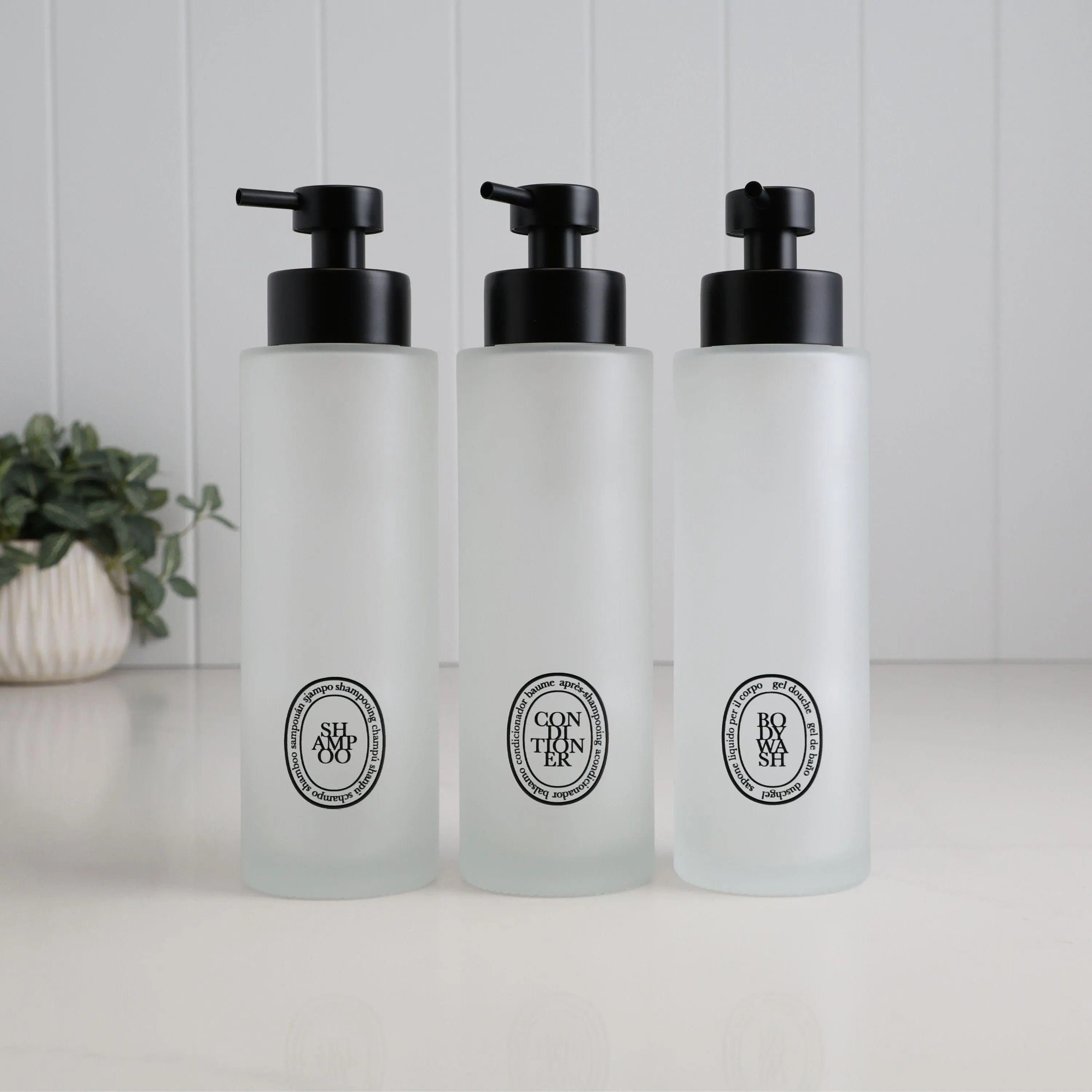Set Of 3 Frosted Glass Shampoo Conditioner And Body Wash Dispensers With Black Oval Labels, 500ml Sustainable Gift For Home | Etsy (Global)