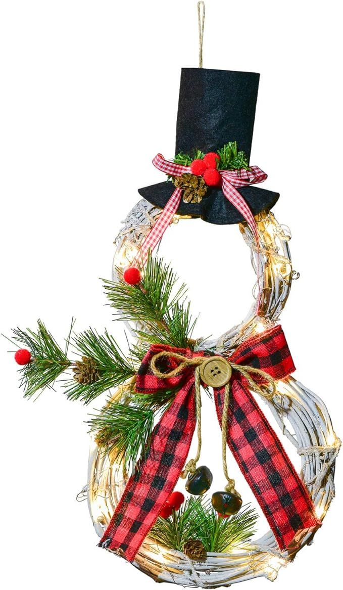 Lvydec Lighted Christmas Wreath Decoration - 16 x 8 Inch Grapevine Wreath with Hat and Bow Snowma... | Amazon (US)