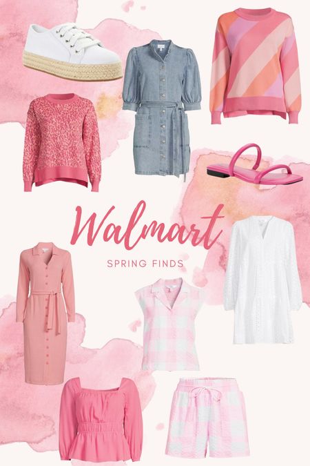 Walmart finds for spring. White dress. Denim dress. Spring dress. Sandals. Walmart fashion. Pink sweater. Spring outfit. Vacation outfit. 

#LTKstyletip #LTKsalealert #LTKunder50