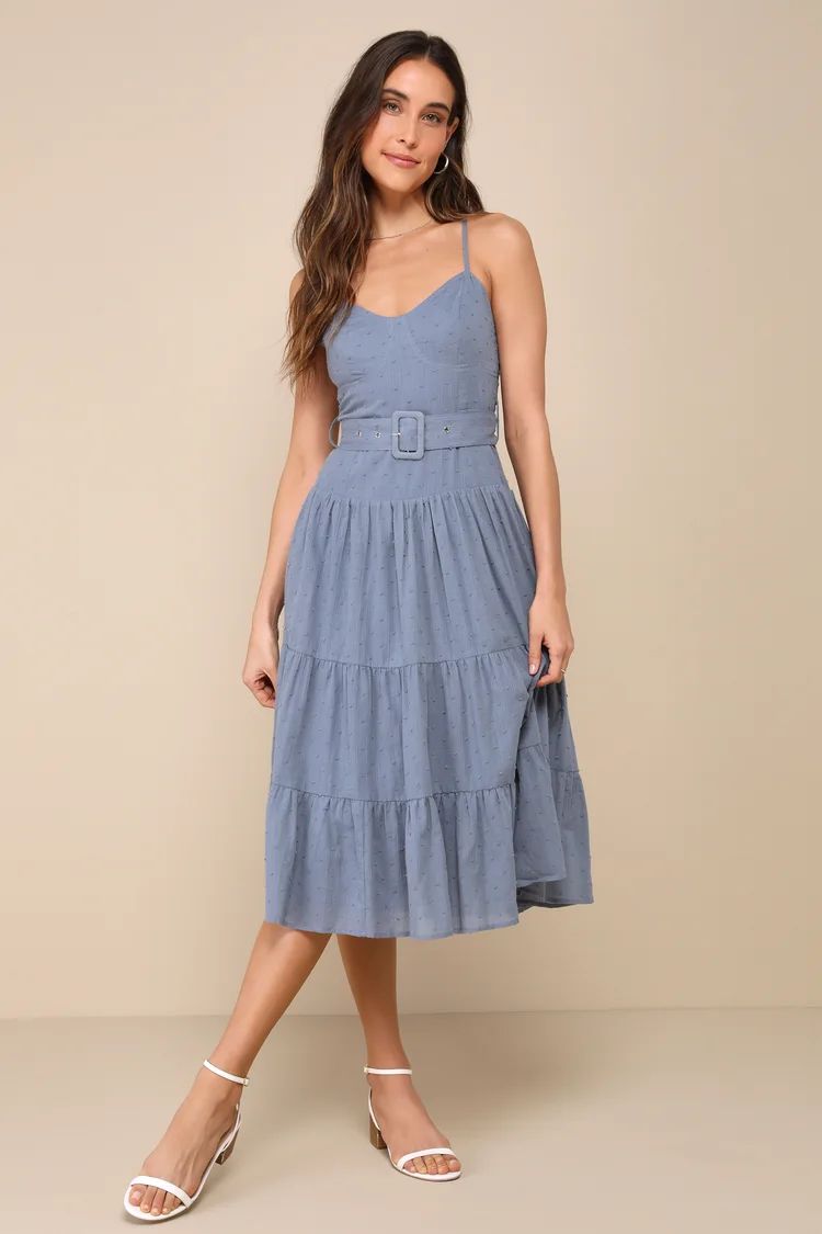 Sweet Merriment Slate Blue Swiss Dot Bustier Tiered Midi Dress | Lulus