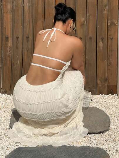 Dazy Plus Plus Size Chiffon Mesh Sexy Lace-Up Backless Dress, Vacation Style, White Dress Cruise ... | SHEIN