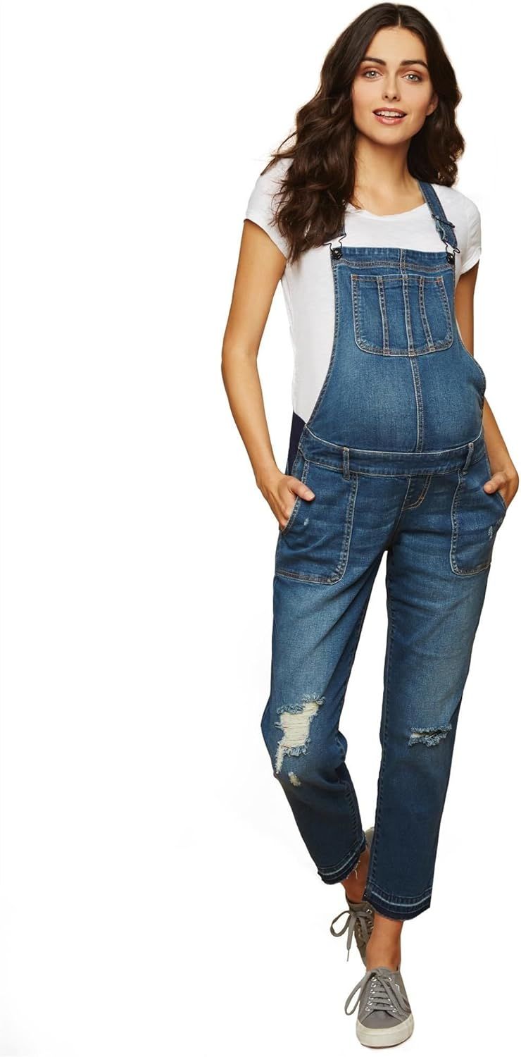 Motherhood Maternity womens Indigo Blue Side Panel Skinny Ankle Length Denim Overalls | Amazon (US)