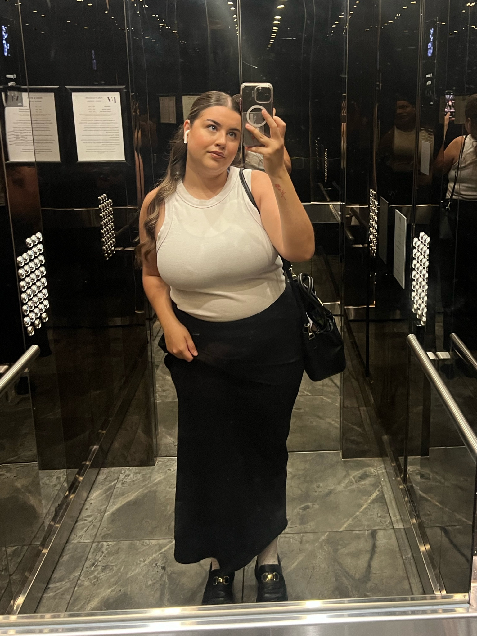 my go to white top that is not see through and so thick, paired with my staple maxi skirt and loafers #midsize #midsizecorporate