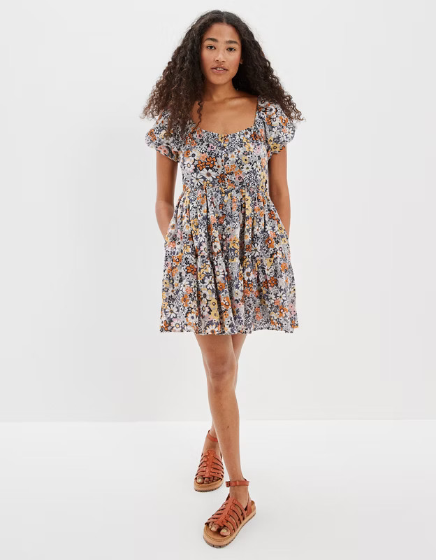 AE Floral Button-Front Mini Dress | American Eagle Outfitters (US & CA)
