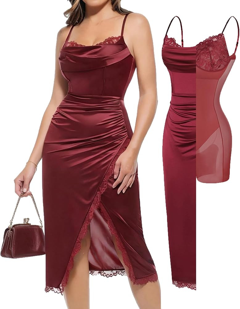 Popilush Shapewear Corset Dress Women's Satin Ruched Midi Dress Cocktail Date Night Classy Dresse... | Amazon (US)