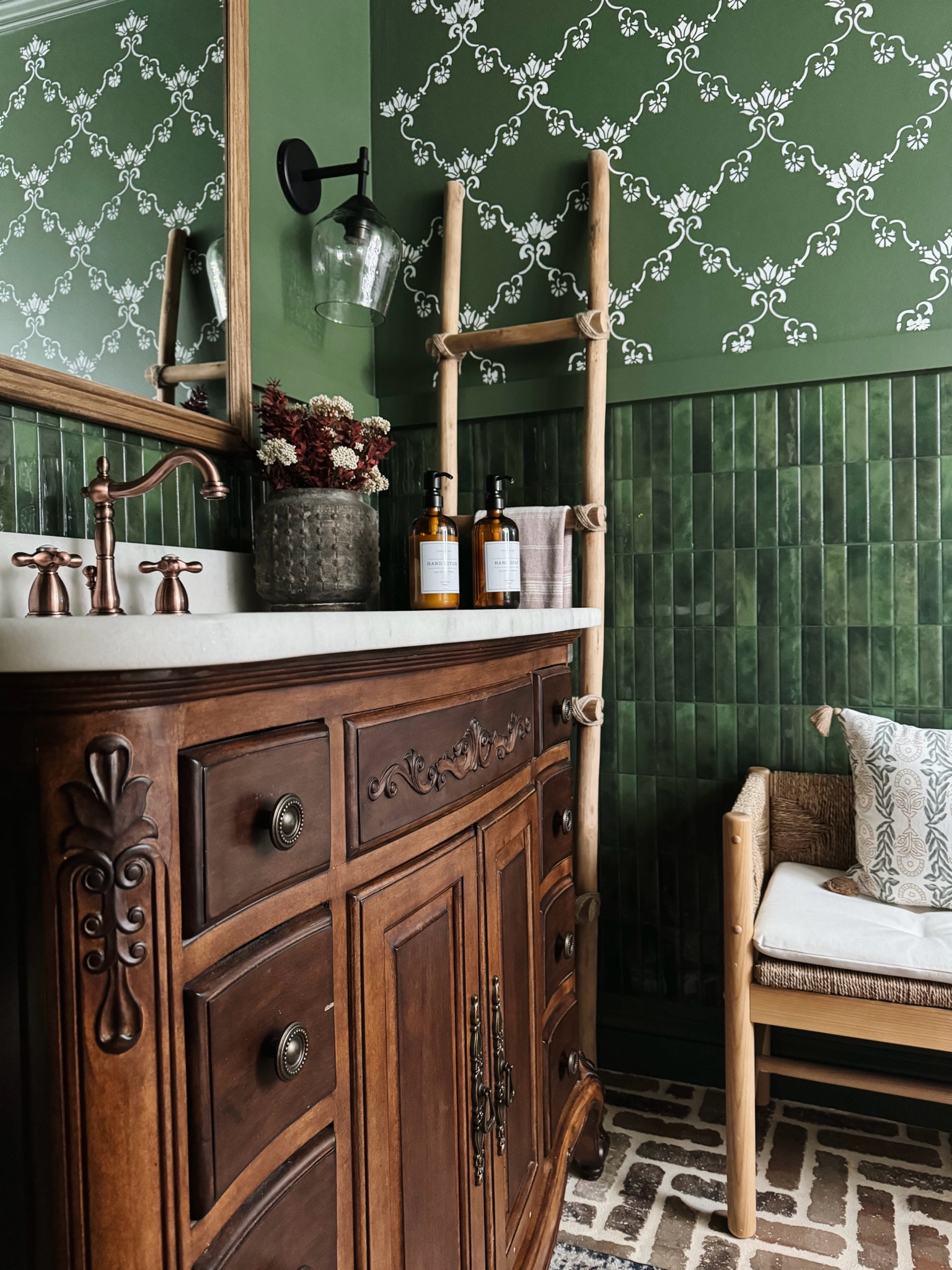 Green with envy in this updated powder room. 

#ladder #faucet #vintagefaucet #sinkfaucet #wovenbench #planter #vase #woodvase #soapjar #soapdispenser #wallmirror #frenchcountry #target #homedepot 

#LTKhome #LTKstyletip