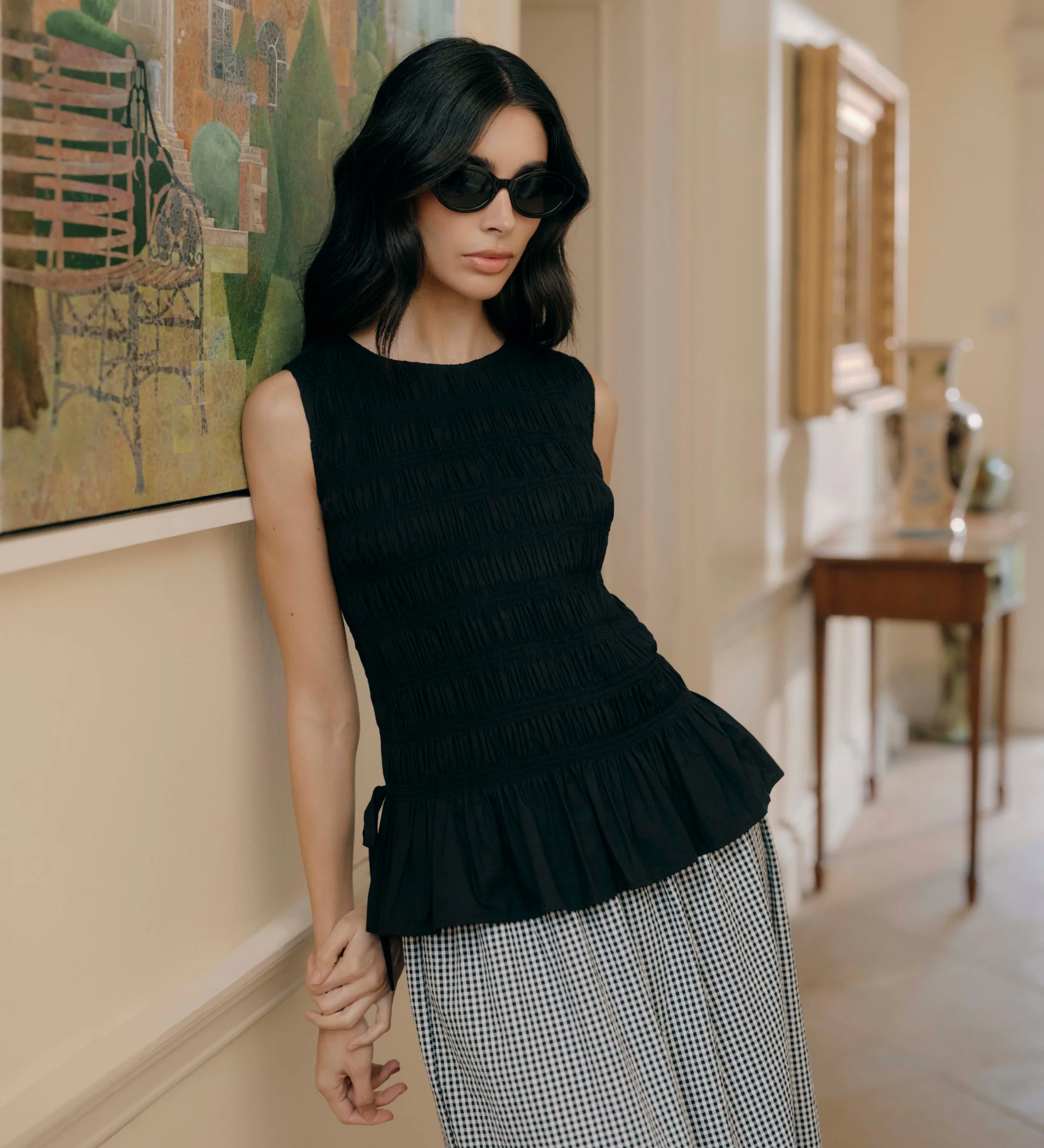 Malani Black Cotton Poplin Shirred Peplum Shell Top | Finery London - UK