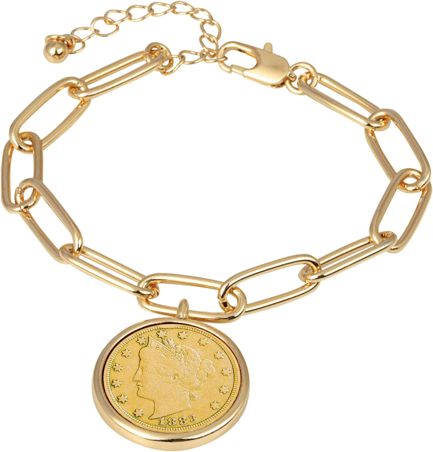 American Coin Treasures Liberty Nickel Gold-Layered Coin Elongated Link Bracelet | Goldtone Clip Style | 7 Inch 3 Inch Extender with Lobster Claw Clasp | Certificate of Authenticity | Amazon (US)