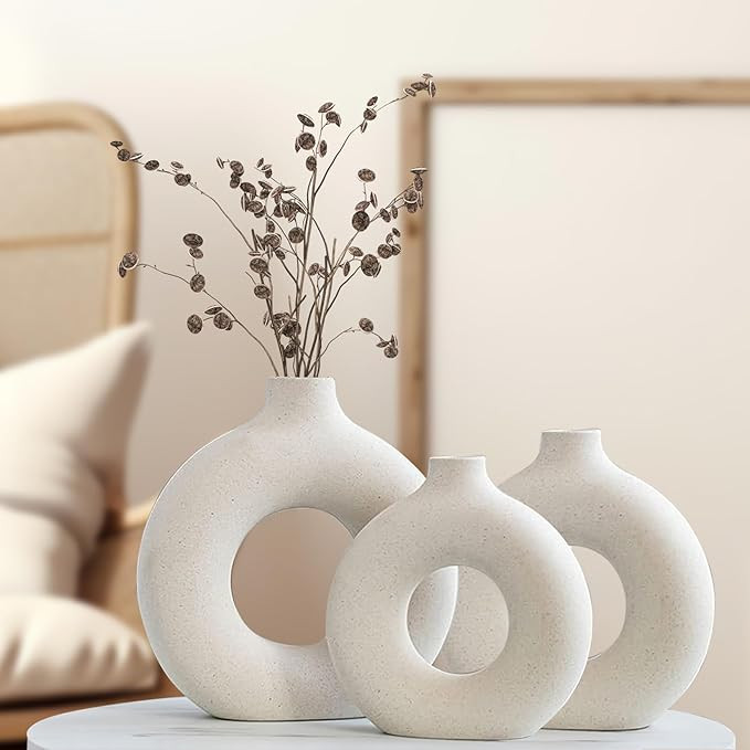 White Ceramic Vase Set 3 for Modern Home Decor,Round Matte Pampas Flower Vases Minimalist Nordic ... | Amazon (US)