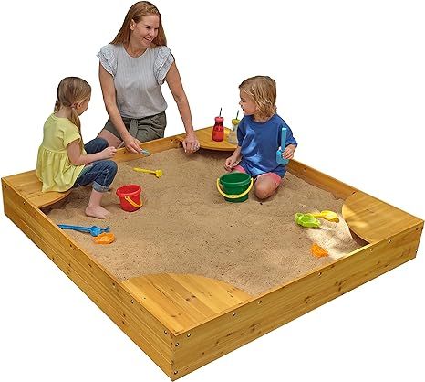KidKraft Wooden Backyard Sandbox with Built-in Corner Seating and Mesh Cover, Kid's Outdoor Furni... | Amazon (US)