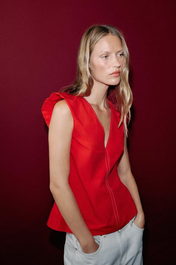 Zara - Contrast Stitch Poplin Top - Coral Red - Xs - Woman | Zara UK
