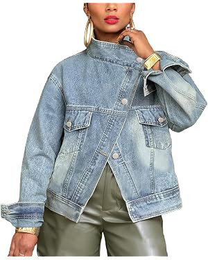 Denim Jacket Women Casual Long Sleeve Button Down Stand Collar Asymmetric Jean Jacket Streerwear | Amazon (US)