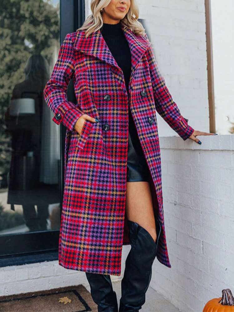 Magic Mia Women's Long Plaid Winter Coat - Houndstooth Thick Outerwear With Pockets And Fully Lin... | SHEIN