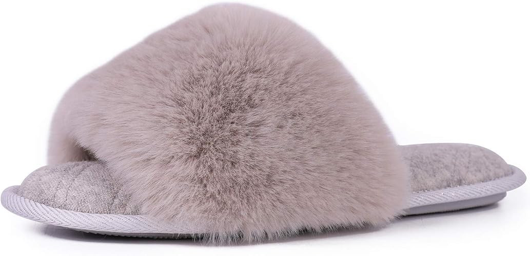 LongBay Women's Fuzzy Faux Fur Memroy Foam Flat Spa Slide Slippers Open Toe House Shoes Sandals | Amazon (US)